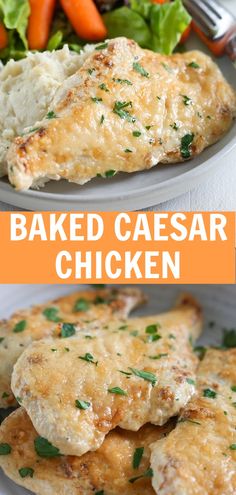 baked caesar chicken with carrots, mashed potatoes and parsley on the side