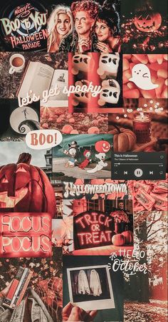 a collage of halloween related images with words and pictures on them, including pumpkins