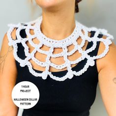 a woman wearing a white crochet necklace with the words halloween written below it