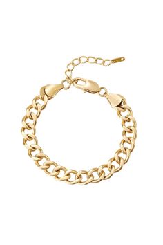 This classic link chain bracelet is 18K gold plated on durable stainless steel. An elegant and timeless option, the link chain bracelet is perfect for everyday wear. Classic Cuban Link Chain Bracelet For Everyday, Everyday Cuban Link Chain Bracelet With Solid Links, Elegant Cuban Link Chain Bracelet, Elegant Cuban Link Chain Bracelet With Solid Links, Elegant Cuban Link Chain Bracelet With Solid Construction, Everyday Gold-plated Cuban Link Bracelet, Everyday Gold Plated Cuban Link Bracelet, Classic Cuban Link Bracelet, Tarnish Resistant, Luxury Everyday Chain Link Bracelet