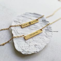 "Personalized waterproof bar location necklace with longitude, latitude coordinates. The pendant comes with a 19\" chain that fits most body types, it is made of stainless steel and it is available in gold, silver, rose gold and black colors, the bar measures 1.4\" x 0.2\" / 3.5cm x 0.5cm. The necklace can be engraved on the front with your custom coordinates and one symbol of your choice, and the back can be blank or you can select \"front and back engraving\" and add a custom message on the back side of the necklace. We engrave each item in our studio, using a laser engraving process that creates a very precise and detailed image, the machine creates a darker tone image with no ink, this dark engraved image will not fade over time and you can feel the fine texture of the deep engraving o Minimalist Laser Engraved Rectangular Pendant Jewelry, Minimalist Stainless Steel Jewelry With Engraving Option, Engraved Rectangular Jewelry For Best Friend, Personalized Rectangular Jewelry For Best Friend Gift, Minimalist Stainless Steel Necklace For Best Friend, Long Distance Necklace, Latitude Longitude Jewelry, Latitude Longitude, Bar Necklace Personalized