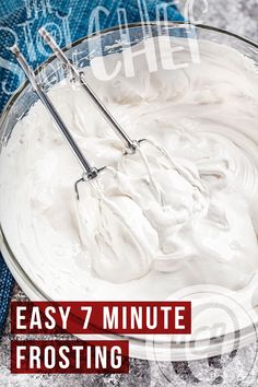 This contains: A mixing bowl of frosting 7 Min Frosting Icing Recipe, Seven Minute Icing Recipes, No Cook 7 Minute Frosting, Cloud Icing Recipe, Fluffy White Frosting Easy, Merengue Icing Recipe, 7 Minute Icing Recipe, 5 Minute Frosting, 7 Minutes Frosting