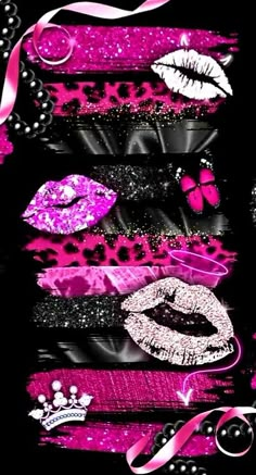 pink and black wallpaper with different types of lipstick, lips, and tiara