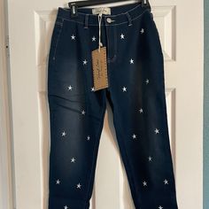 Sheryl Crow Stretch Denim Jeans With Embroidered Stars On Front Nwt Size 8 Straight Leg Denim Bottoms With Star Print, Star Print Straight Leg Denim Bottoms, Trendy Denim Blue Jeans With Star Patch, Summer Star Print Straight Leg Jeans, Casual Cotton Jeans With Star Patch, Casual Cotton Jeans With Star Print, High Rise Denim Jeans With Star Print, High Rise Star Print Denim Jeans, High Waist Denim Jeans With Star Print