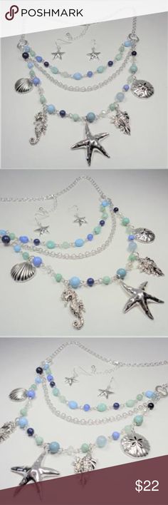 NAUTICAL AQUA & BLUE SEA LIFE NECKLACE & EARRINGS This beautiful Rhodium Nautical Starfish Seashell Aqua And Blue Beads Sea Life layered necklace and earrings set features aqua, blue and rhodium beads with the rhodium sea horse, seashells, sand dollar and starfish charms as well as aqua and blue beads and bluish pearls. The silver tone necklace is 20 inches long with a 2 inch extender to 22 inches and has a lobster claw clasp for a secure fit on your neck. The starfish pendant measures 1 1/2 inc Adjustable Blue Jewelry With Starfish Charm, Adjustable Blue Starfish Jewelry, Bohemian Blue Starfish Charm Jewelry, Bohemian Blue Jewelry With Starfish Charm, Adjustable Ocean-inspired Metal Jewelry, Beach Jewelry With Dangling Round Beads, Beach Jewelry With Dangling Beads, Luxury Dangling Round Beads Jewelry For Beach, Blue Starfish Charm Jewelry For The Beach