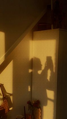 the shadow of a person standing in front of a window next to a shelf with vases on it