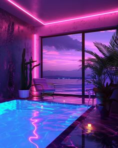 an indoor swimming pool with purple lighting