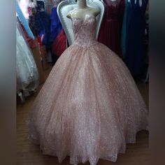 Nwt Sweetheart Strapless Glitter Quinceanera Sweet Sixteen Dress Color: Rose Gold. Size:M Petticoat Not Included. Glamorous Quinceanera Dress With Sweetheart Neckline, Fitted Pink Quinceanera Dress For Party, Fitted Strapless Quinceanera Dress For Party, Pink Sequined Ball Gown For Quinceanera, Pink Glitter Tulle Ball Gown For Prom, Pink Sequined Quinceanera Dress, Pink Sequin Dress For Quinceanera, Pink Glitter Dresses For Wedding, Pink Glitter Dress For Wedding