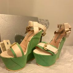 Unique And Bold Style Green Denim Ultra High Heeled Strappy Wedge Sandals From Gianmarco Lorenzi 2012. Beautiful Soft Beige Straps With Gold Hardware. New Condition, Never Worn Once. It Will Come In Its Original Box With Certificate Of Authenticity.. Green Wedge Sandals With Heel And Ankle Strap, Green Wedge Sandals With Heel Strap And Round Toe, Green Ankle Strap Wedge Sandals With Platform, Green High Heel Leather Wedge Sandals, Green Leather High Heel Wedge Sandals, Green Platform Wedge Heel Sandals, Trendy Green Wedge Sandals With Ankle Strap, Green Platform Wedge Heels, Chic Green Open Toe Wedge Sandals