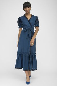 FANM MON CIDE Indigo Blue Linen V Neck Embroidered Midi Dress Linen Wrap Dress, Embroidered Midi Dress, Linen Midi Dress, Wrap Midi Dress, Indigo Blue, Dress 100, Linen Dress, S Models, Slow Fashion