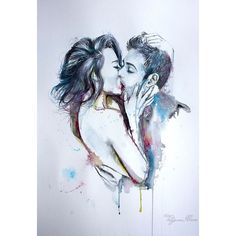 a painting of two people kissing each other with watercolor splashs on the paper