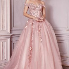 Off The Shoulder Layered Tulle Ball Gown Color Rose Gold Gown For Prom, Tulle Balls, Cinderella Divine, Special Style, Quince Ideas, Off Shoulder Gown, Lace Ball Gowns, Prom Ball Gown, Long Prom Gowns