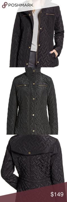 Cole Hann Signature Quilted Jacket This chic, cinched-waist coat is highlighted with gleaming golden hardware and fitted with multiple pockets and a storm flap. Like new condition! Cole Haan Jackets & Coats Utility Jackets Black Fitted Quilted Jacket, Fitted Casual Quilted Jacket For Work, Casual Fitted Quilted Jacket For Work, Cole Hann, Signature Quilts, Waist Coat, A Storm, Utility Jacket, Cinched Waist