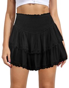 PRICES MAY VARY. 【Fabric】Womens Ruffle hem mini skirt is made of high-quality rayon fabric, soft and comfy, flowy and lightweight, skin-friendly and stretchly, makes you feeling well. 【Features】Shirred elastic high waist, stretchy smocked waistband, tiered ruffled layers, two-tiers of ruffles, flared flowy, fashion pleated hem, fully lined, inner lining, mini length, solid color, casual trendy style. This women's flowy skirt flows naturally when you walk and perfectly shows your charm. 【Occasion Short Flowy Skirt Outfit, Short Flowy Skirt, Flowy Skirt Outfit, Flowy Fashion, Black Flowy Skirt, Flowy Mini Skirt, Skirts Flowy, Mini Pleated Skirt, Bauchfreies Top