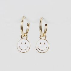 Gold And White Smiley Face Earrings Fun Nickel-free White Earrings, Cute White Single Earring Jewelry, Fun White Nickel-free Earrings, Cute Single White Earring, Playful White Jewelry With Ear Wire, Trendy Nickel-free White Earrings, Playful White Nickel-free Earrings, Fun White Hypoallergenic Earrings, Trendy White Nickel-free Earrings