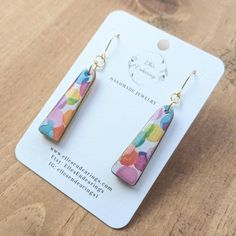 **MADE TO ORDER:  Please allow 3-5 business days to create and ship.  I made these dangle earrings with durable, yet light-weight wooden rectangular-shaped bases and covered each piece front and back with high quality scrapbook paper in a "watercolor" polka dot design (red, orange, yellow, blue, purple, pink).  I hand-painted the earring edges in either gold/silver metallic paint.  They hang on your choice of either stainless steel/sterling silver ear wires unless you choose the gold-filled opti Multicolor Dangle Earrings For Everyday, Everyday Multicolor Dangle Earrings, Multicolor Dangle Earrings, Nickel-free Multicolor Earrings For Everyday Use, Multicolor Drop Earrings For Everyday, Everyday Multicolor Nickel-free Earrings, Everyday Multicolor Nickel Free Earrings, Handmade Rainbow Earrings For Everyday, Handmade Rainbow Earrings For Everyday Wear