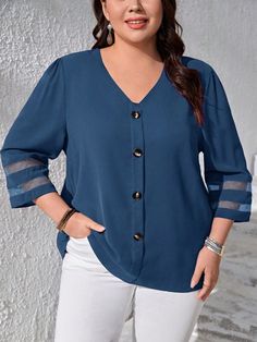 Plus Mesh Insert Button Front Blouse | EMERY ROSE Office Blouse, Formal Tops, Fall Blouse, Cute Blouses, Plain Tops, Moda Plus, Plus Size Blouses, Sleeves Pattern, Kurti Designs