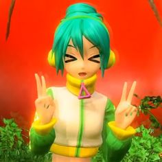 a girl with green hair and headphones making the peace sign in front of plants