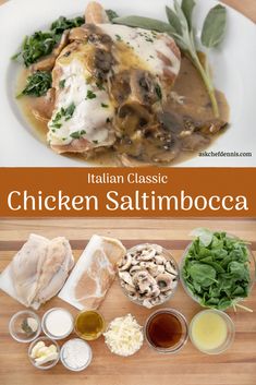 the ingredients for chicken saltimboca on a cutting board with text overlay