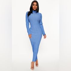 Product Details Sweater Maxi Dress Long Sleeve Mock Neck Contrast Ribbed Stretch 100% Polyester Imported Nwt Blue Bodycon Dress For Fall, Blue Long Sleeve Midi Dress For Winter, Fitted Light Blue Midi Dress For Fall, Chic Blue Winter Bodycon Dress, Blue Ribbed Midi Dress For Spring, Spring Blue Ribbed Midi Dress, Fitted Blue Ribbed Bodycon Dress, Chic Blue Ribbed Midi Dress, Blue Ribbed Midi Dress