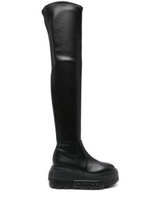 black calf leather smooth grain panelled design embossed logo to the side round toe flatform sole knee-length Leather Knee-high Platform Boots, Luxury Leather Knee-high Platform Boots, Black Knee-high Platform Boots With Leather Lining, Black Calf Leather Platform Boots With Rubber Sole, Black Calf Leather Platform Boots With Leather Sole, Leather Platform Knee-high Boots, Black Calf Leather Platform Boots With Leather Lining, Black Calf Leather Platform Boots, Luxury Leather Platform Boots With Lug Sole