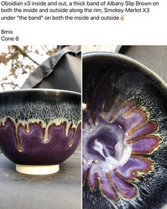 a purple and black bowl sitting on top of a table next to another bowl with brown swirls