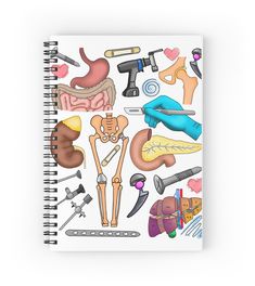 a spiral notebook with an illustration of human body parts and tools on the front cover