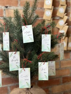 a small christmas tree with tags hanging from it's branches