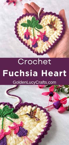 crochet heart with flowers and butterflies on it in the shape of a flower