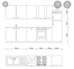 a drawing of a kitchen with an oven, stove and sink in the same area