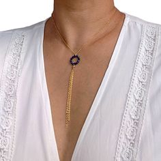 Choose between a minimalist & elegant sapphire lariat OR tassel Y necklace.  It looks gorgeous on its own or layered with more necklaces!  You get the option to add an initial tag at the back of the Y necklace. Besides being the birthstone of September, sapphire is also the 5th anniversary stone. * perfect birthday gift, anniversary gift, bridesmaid gift, graduation gift, etc. Here's my complete gemstones available in this style: * garnet - January birthstone * amethyst - February birthstone * a Blue Tassel Necklace For Gift, Elegant Blue Tassel Necklace As Gift, Elegant Blue Tassel Necklace Gift, Elegant Blue Lariat Necklace Gift, Elegant Gemstone Dangle Lariat Necklace, Elegant Blue Lariat Necklace With Adjustable Chain, Elegant Dangle Gemstone Lariat Necklace, Elegant Lariat Tassel Necklace With Adjustable Chain, Chic Adjustable Tassel Necklace As A Gift