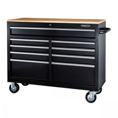 a black tool cabinet on wheels with wooden top and two drawers in the middle,