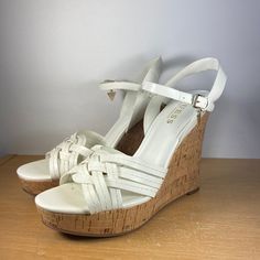 Brand New Without Box Women’s Size 7.5 Wedge Is 4.5” Made With Man Made Materials Ships In One Business Day Tj820bkj4 White Wedge Sandals With Branded Insole, White Wedge Sandals With Cushioned Footbed, White Cushioned Wedge Sandals, White Synthetic Wedge Sandals With 4-inch Heel, Guess Shoes, Sandals Women, Womens Shoes Wedges, Wedge Sandals, Womens Sandals