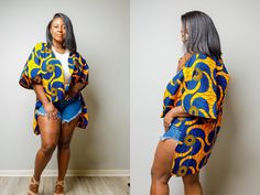 "Classic lightweight short sleeve high-low Ankara Kimono / cover up || Plus Size Cover Up Throw this on any outfit to get that extra pop of color and style. This Jacket is lightweight to allow you to wear it over heavy garments during the colder seasons or wear it for the spring and summer with your shorts ! It can be lined as a customization per customer's request. Send us a message it you would like to have this finishing. FEATURES ✨Colors - blue and gold ✨ Loose Fit Kimono ✨ Can be Lined for Oversized Open Front Top For Vacation, Oversized Open Front Vacation Top, Summer Short Sleeve Kimono For Day Out, Relaxed Fit Open Front Top For Vacation, Multicolor Short Sleeve Summer Cover-up, Relaxed Fit Open Front Vacation Tops, Summer Multicolor Short Sleeve Cover-up, Multicolor Oversized Casual Cover-up, Casual Oversized Multicolor Cover-up