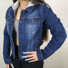 New Never Used Denim Blue Jacket With Grey Hoodie. Hoodie Is Detachable. Model Wearing Small Trendy Hooded Blue Denim Jacket, Trendy Blue Hooded Denim Jacket, Blue Hooded Denim Jacket For Fall, Urban Style Blue Denim Jacket For Winter, Urban Winter Blue Denim Jacket, Winter Urban Blue Denim Jacket, Outfit With Denim Jacket, Oversized Distressed Denim Jacket, Long Sleeve Jean Jacket