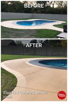 before and after photos of a concrete pool in a backyard with grass around the edges