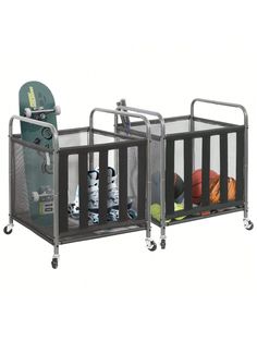 two metal baby cribs with skateboards and toys in them, one on wheels