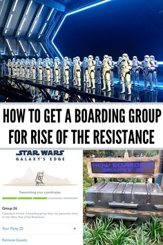 a bunch of star wars themed benches with the words how to get a boarding group for rise of the resistance