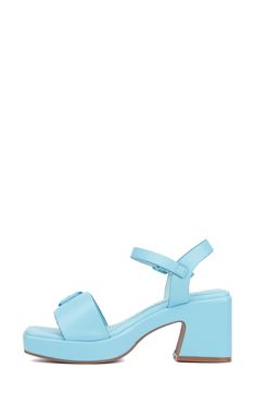 A squared-open toe and a block heel make this sandal a perfectly poised option for any occasion. 3" heel Adjustable ankle strap with buckle closure Textile upper and lining/synthetic sole Imported Blue Ankle Strap Heels With Buckle Closure, Blue Sandals With Buckle Closure, Blue Open Heel Heels With Buckle Closure, Blue Open Heel Shoes With Buckle Closure, Spring Sandals With Padded Heel And Rectangular Buckle, Spring Blue Heels With Buckle Closure, Spring Block Heels With Stacked Heel And Rectangular Buckle, Spring Sandals With Heel Strap And Rectangular Buckle, Summer Block Heels With Rectangular Buckle And Padded Heel