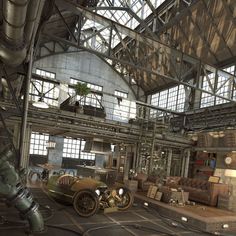 an old car sits in the middle of a large industrial building with lots of windows