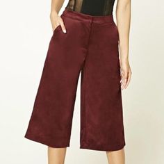 A Pair Of Burgundy Faux Suede Culottes With Slanted Front Pockets, Baste-Stitched Back Pockets, And A Zip Fly. Nwot. Forever 21 Wide Leg Pants For Fall, Forever 21 Bottoms For Date Night, Forever 21 Date Night Bottoms, Forever 21 Bottoms For Fall Party, Forever 21 Fall Workwear Pants, Chic Fall Bottoms From Forever 21, Forever 21 Fitted Bottoms For Going Out, Forever 21 Bottoms For Fall Night Out, Forever 21 Fall Bottoms For Night Out