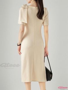 Qteee - Chic Round Neck Pleated Bowknot Bodycon Dress Chic Knee-length Dress With Knot Detail, Casual Beige Sheath Dress, Linen Midi Dress, Slim Fit Dresses, Ribbed Dresses, Necklines For Dresses, Neck Ruffle, Types Of Skirts, Mandarin Collar