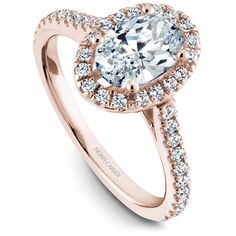 a rose gold engagement ring with an oval center surrounded by round diamonds