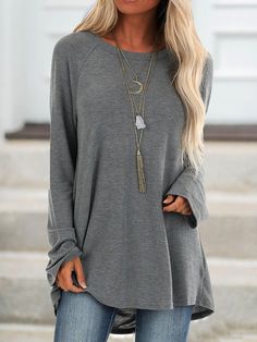 Gray Cotton Casual Crew Neck Solid Shirts & Tops Graduation Outfits, Casual Shirt Women, Round Neck Shirt, Extra Long Sleeves, Summer Concert, Linnet, Women Long Sleeve Tops, Knit Tunic, Tunic Styles