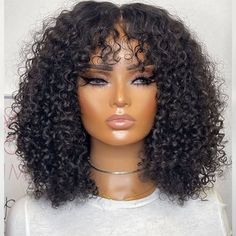 Short Fluffy Curly Human Hair Wig with Bangs Glueless Bob Wig Curly Glueless Wig, 16 Inch Hair, Curly Bob Wigs, Short Human Hair Wigs, Glueless Wig, Short Curly Wigs, Curly Hair Wig, Curly Human Hair Wig, Curly Wig