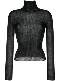 black mohair-wool blend ribbed knit semi-sheer construction long sleeves high neck finished edge Bottega Veneta Arco, Wool Cape Coat, Silk Maxi Skirt, Black Turtleneck, Leather Mini Skirts, Knit Jumper, Knitwear Women, Turtleneck Sweater, Black Sweaters