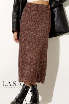 Lasaky - Chic Autumn Floral Print High-Waist Asymmetrical Net A-Line Skirt Midi Skirt Brown, Black Strapless Maxi Dress, Floral Skirt Outfits, Rock Outfit, Aline Skirt, Langer Rock, Long Skirts For Women, Floral Midi Skirt, Retro Print