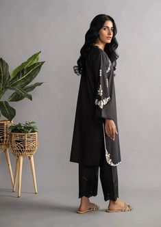 Black - Women's Embroidered Kurta (DC-0423) – Isloou.com Casual Black Sets For Eid, Elegant Embroidered Kurta For Work, Elegant Cotton Kurta For Formal Occasions, Elegant Kurta With Embroidered Cuffs For Eid, Elegant Floral Embroidered Kurta For Workwear, Elegant Floral Embroidered Kurta For Work, Elegant Floral Embroidered Workwear Kurta, Elegant Formal Cotton Kurta, Elegant Floral Embroidery Workwear Kurta