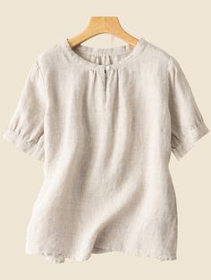 Women's Cotton Linen Shirt Short Sleeve Crew Neck Graceful Linen Blouse Women Floral Blouse, Solid Color Outfits, Cheap Clothing, Streetwear Tops, Fashionista Clothes, Spring Outfits Women, Loose Shirts, Linen Blouse, Women Shirts Blouse