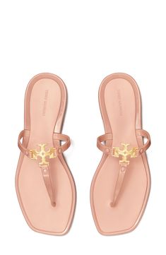 Make a playful retro statement with this carefree jelly sandal topped with polished logo hardware. Flat sole Synthetic upper, lining and sole Imported Cute Sandals For Women, Girly Slippers, Cute Sandals For Summer, Designer Sandals Flat, Designer Flat Sandals, Classy Sandals, Flat Footwear, Pretty Sneakers, Elegant Sandals